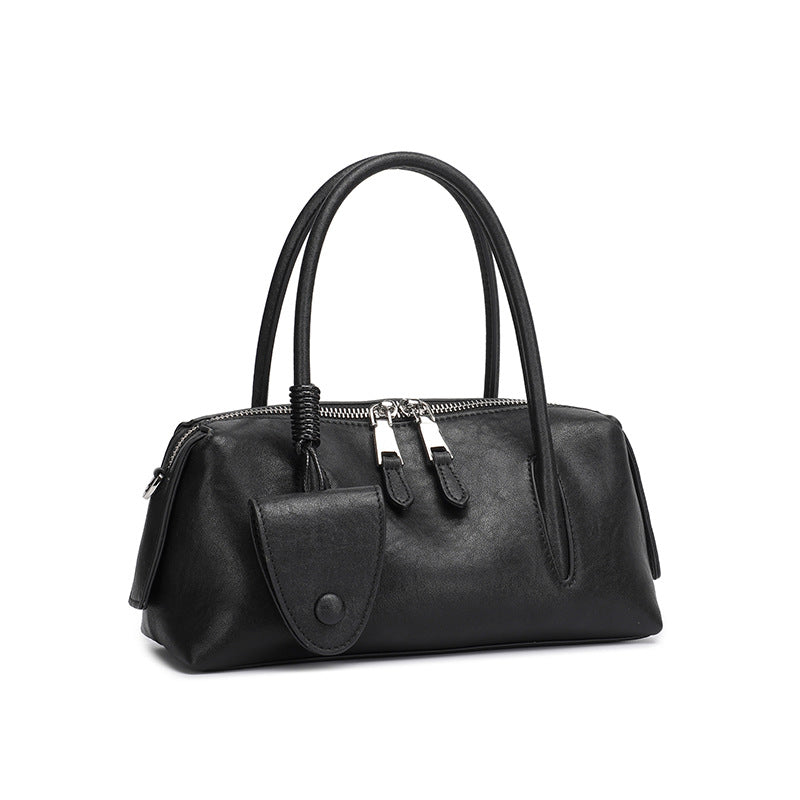 Genuine Leather Pillow Shape Crossbody Bag With Sewing Thread, Single Shoulder Strap For  Autumn And Winter