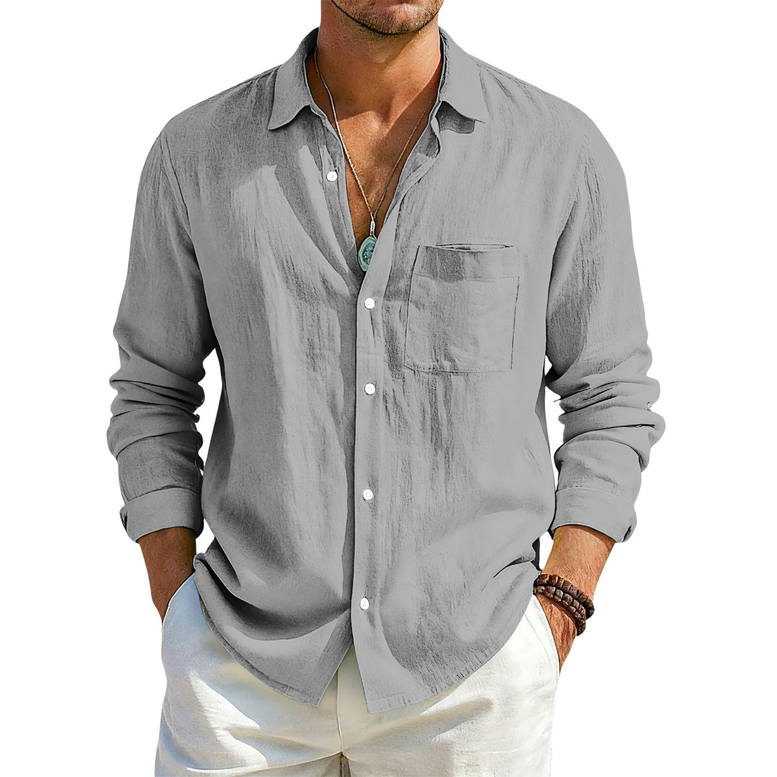 Solid Color Casual Long Sleeve Blouse In Cotton Blends Featuring Button Detail For Men