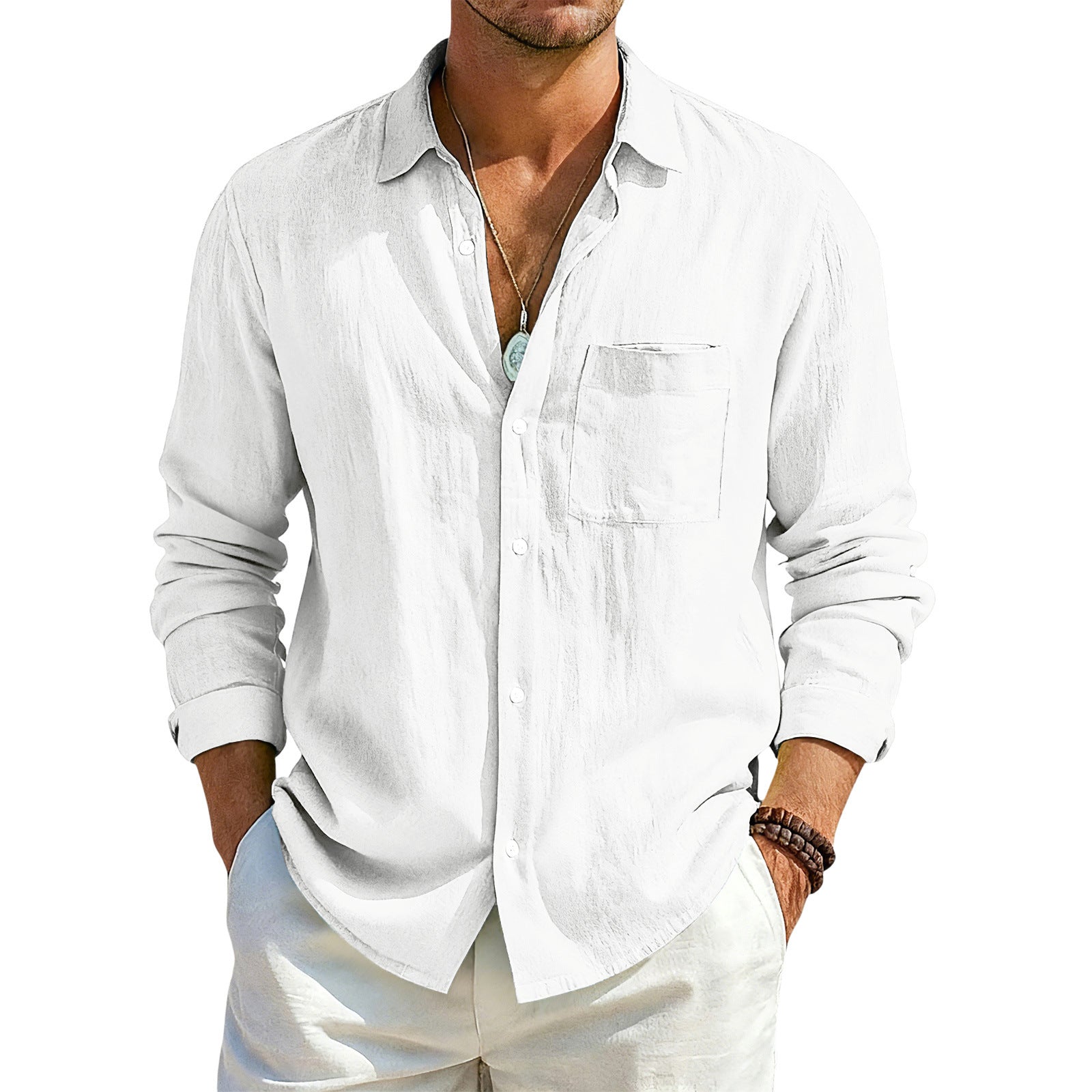 Solid Color Casual Long Sleeve Blouse In Cotton Blends Featuring Button Detail For Men