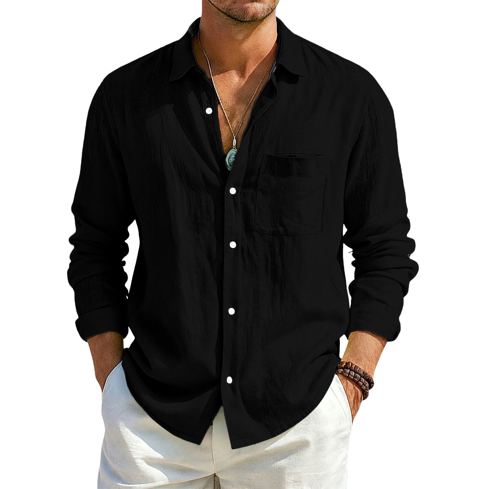 Solid Color Casual Long Sleeve Blouse In Cotton Blends Featuring Button Detail For Men