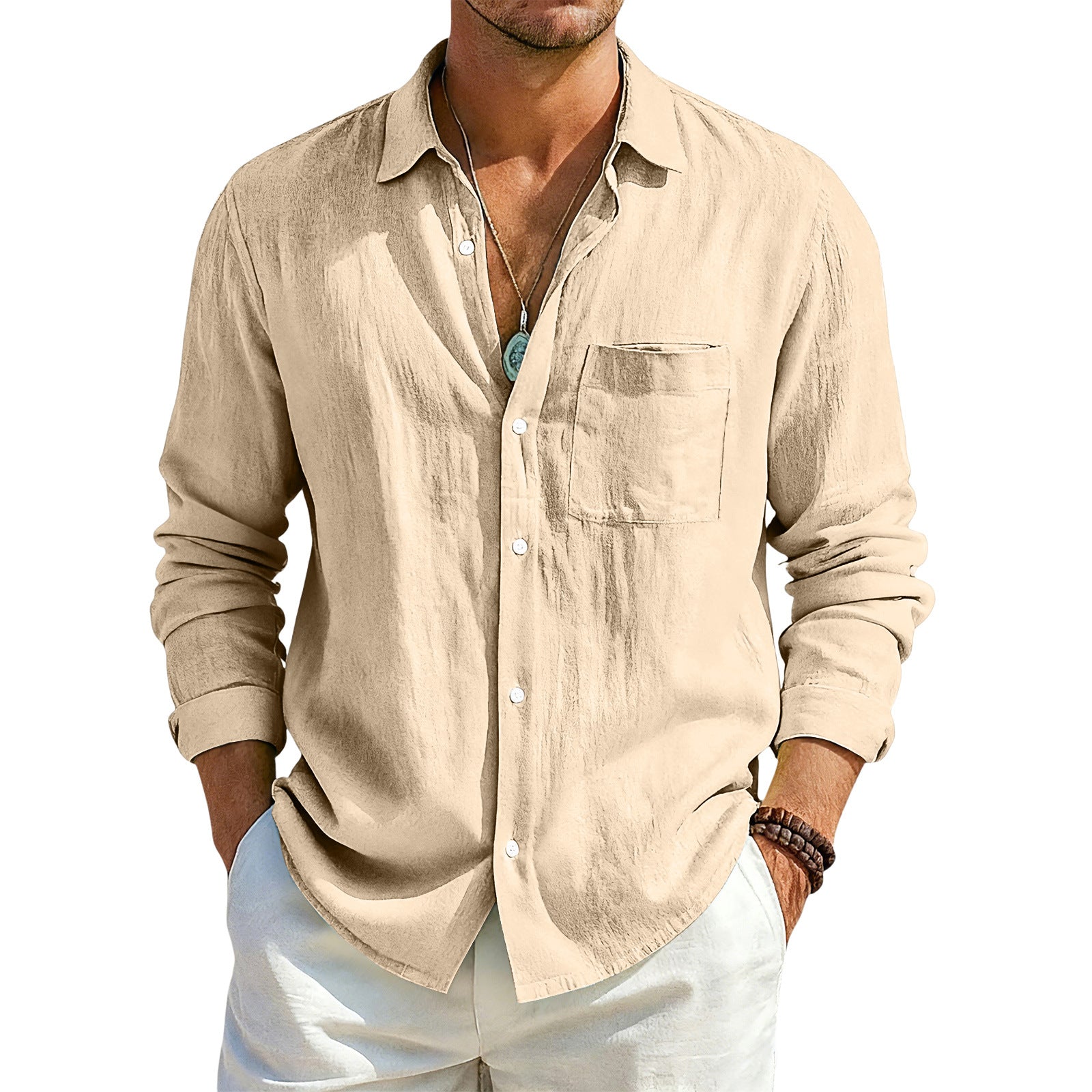 Solid Color Casual Long Sleeve Blouse In Cotton Blends Featuring Button Detail For Men