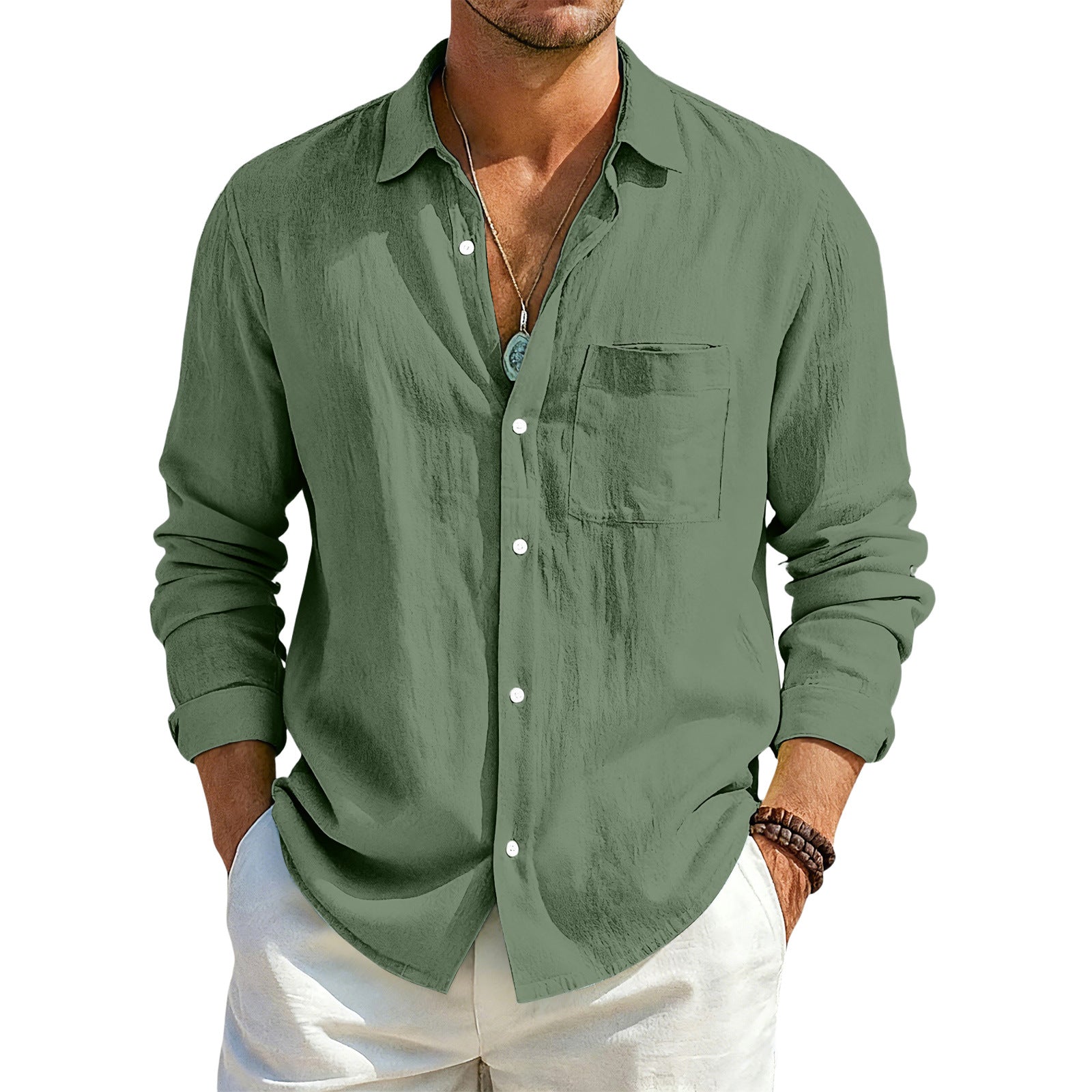 Solid Color Casual Long Sleeve Blouse In Cotton Blends Featuring Button Detail For Men