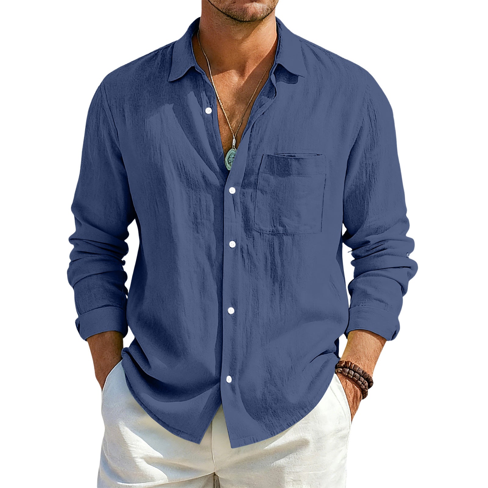 Solid Color Casual Long Sleeve Blouse In Cotton Blends Featuring Button Detail For Men