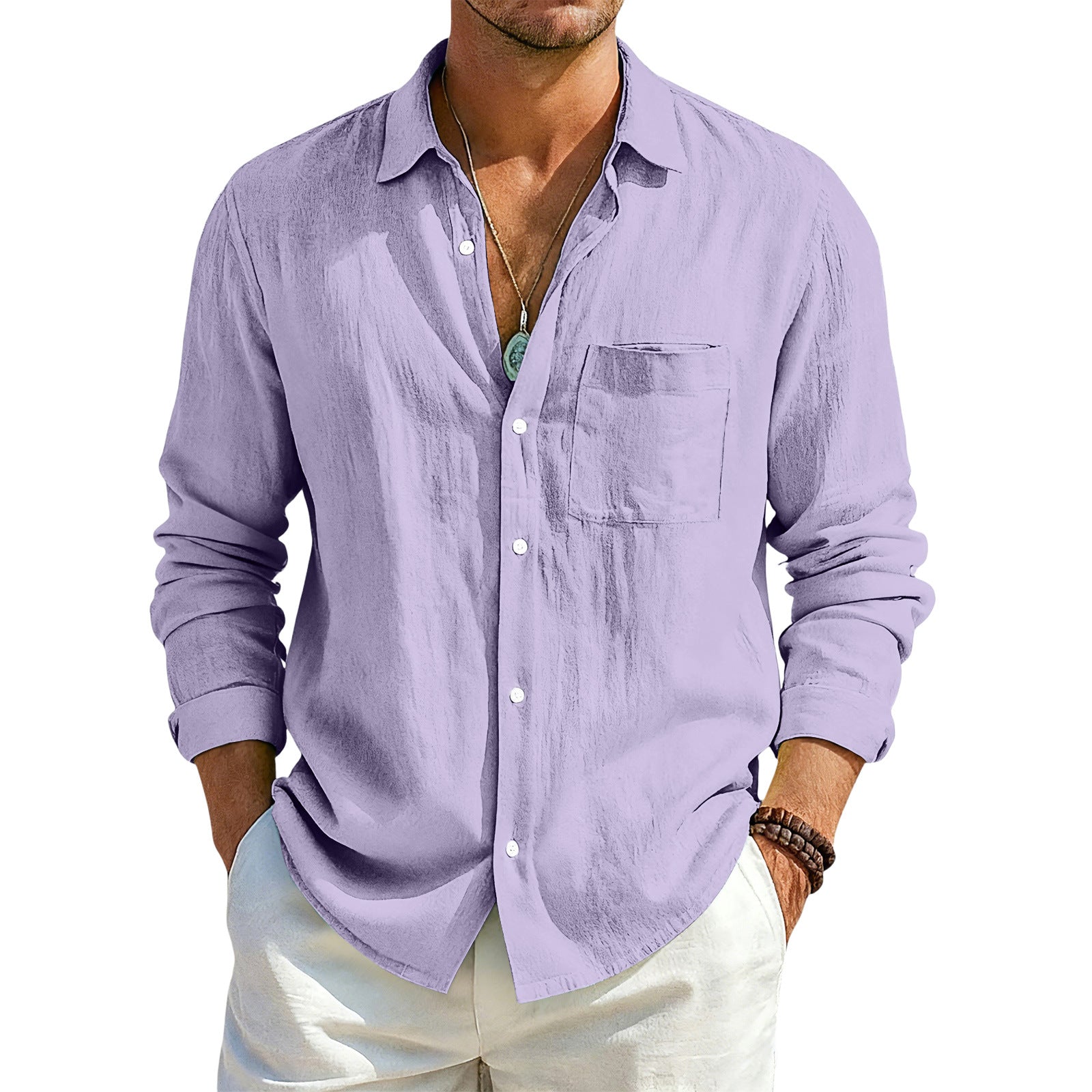 Solid Color Casual Long Sleeve Blouse In Cotton Blends Featuring Button Detail For Men