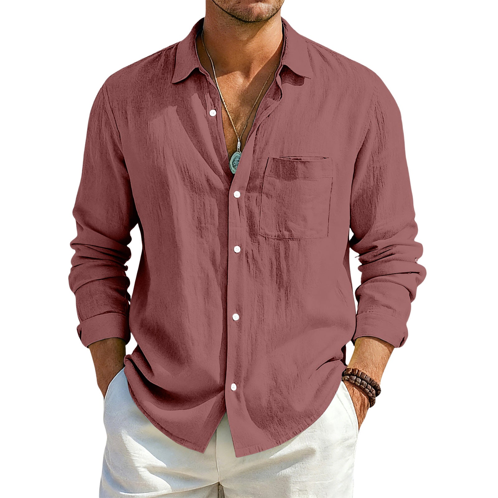 Solid Color Casual Long Sleeve Blouse In Cotton Blends Featuring Button Detail For Men