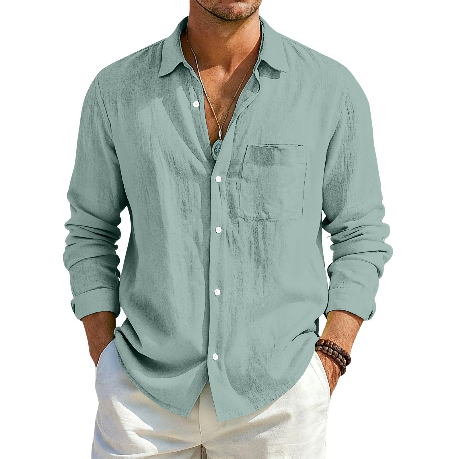 Solid Color Casual Long Sleeve Blouse In Cotton Blends Featuring Button Detail For Men