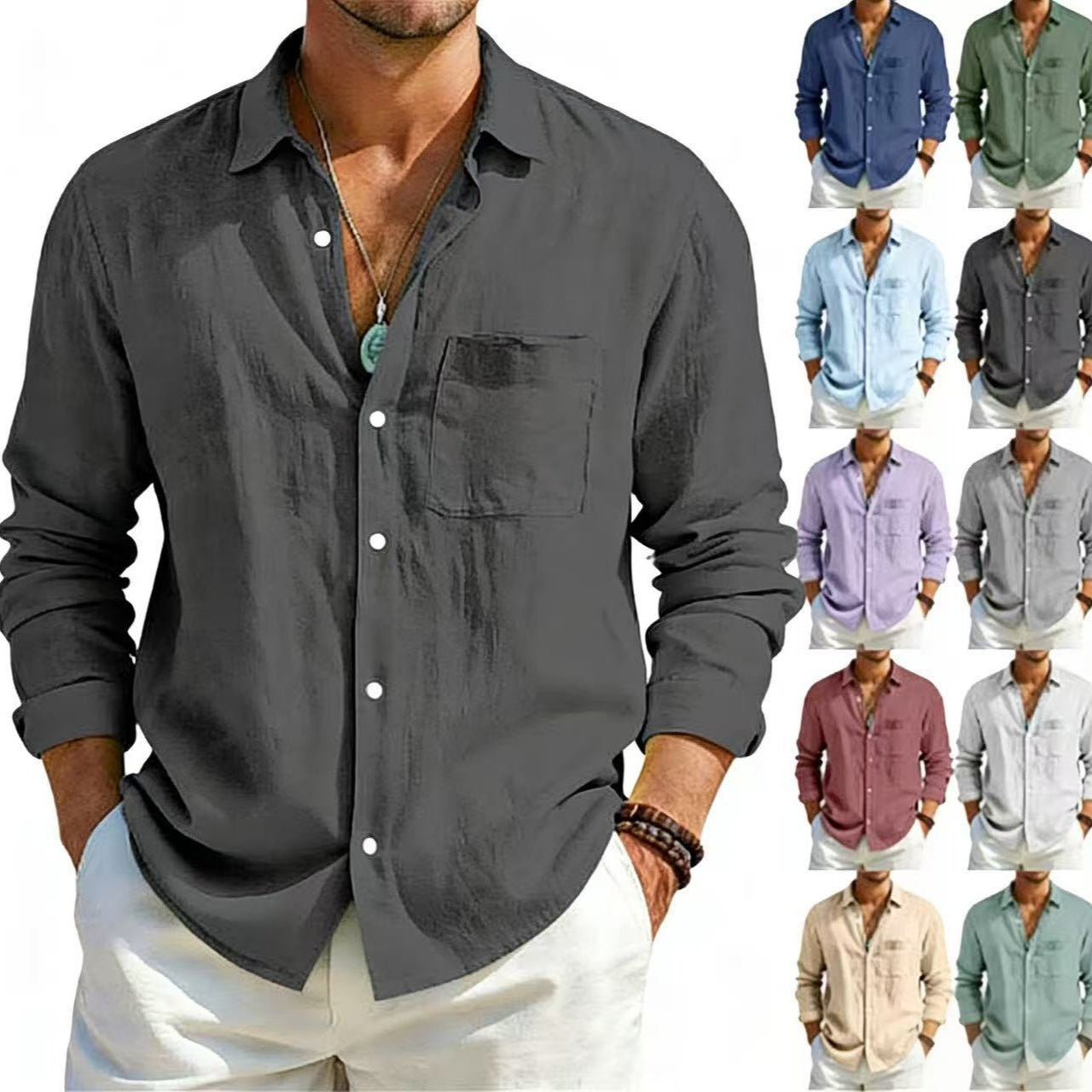 Solid Color Casual Long Sleeve Blouse In Cotton Blends Featuring Button Detail For Men