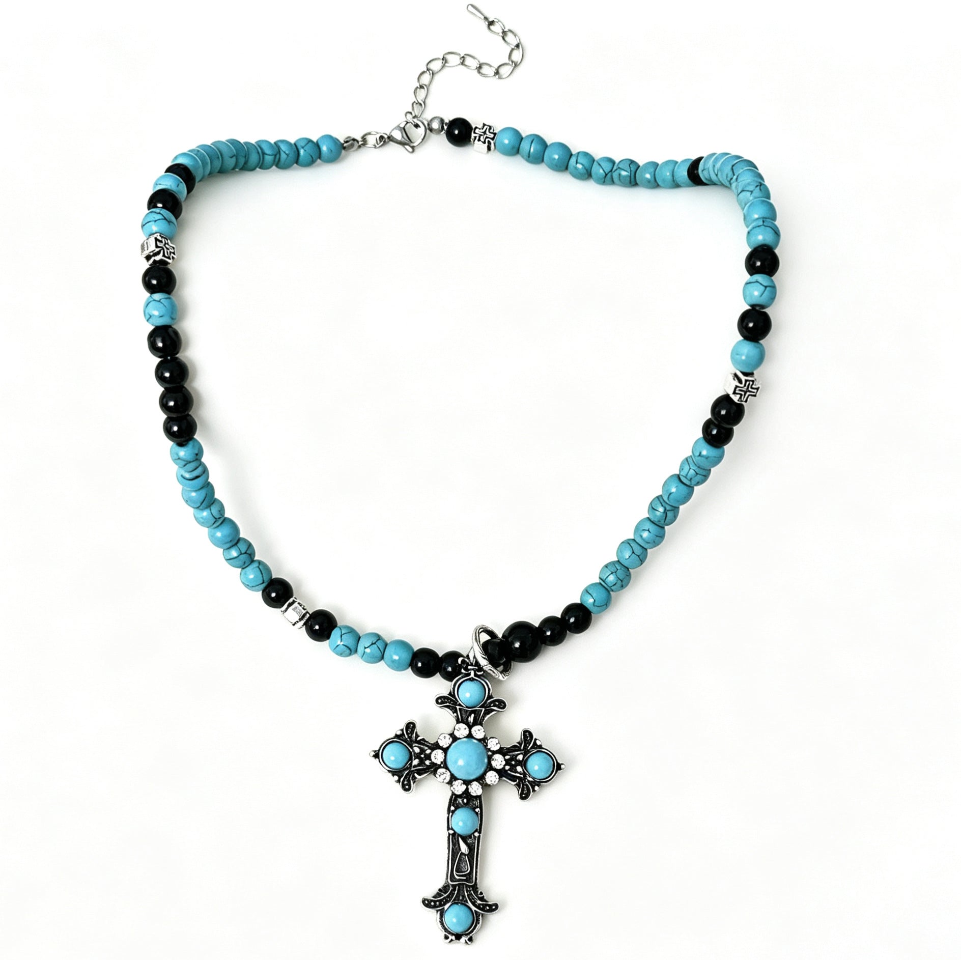 Ethnic Style Green Beaded Cross Long Necklace For Women With Turquoise Inlay And Alloy Material