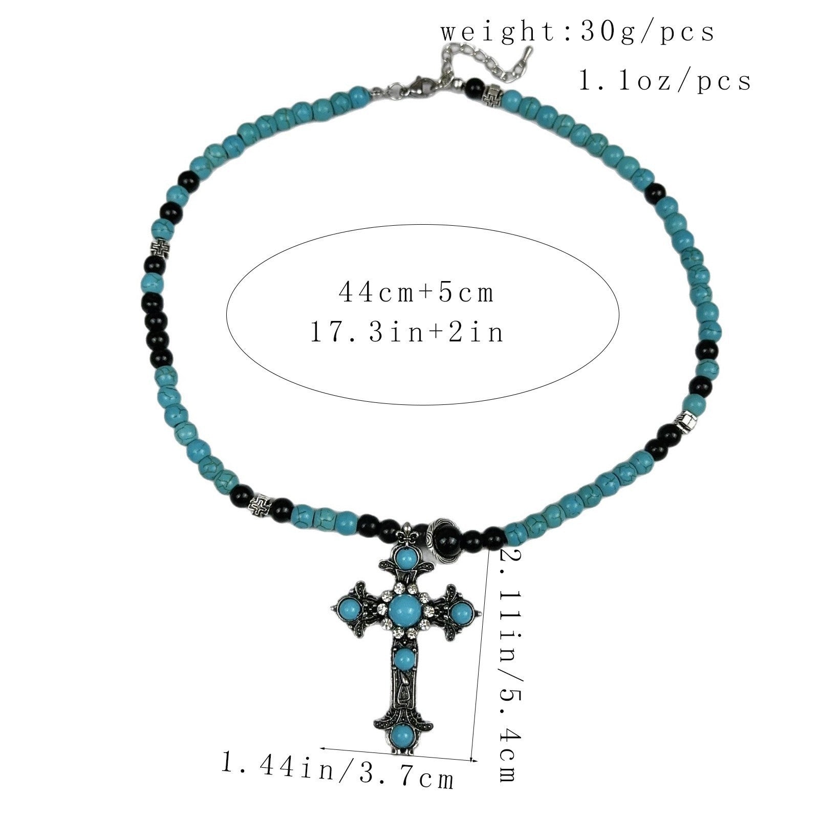 Ethnic Style Green Beaded Cross Long Necklace For Women With Turquoise Inlay And Alloy Material