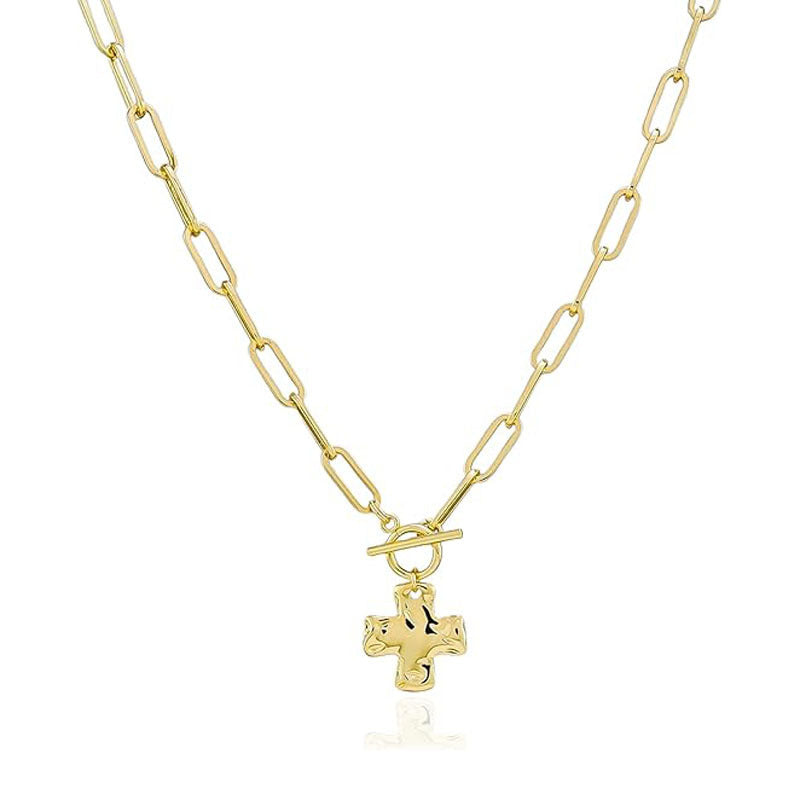 Hip-Hop Gold Cross Necklace For Women With Copper Pendant And Paperclip Chain