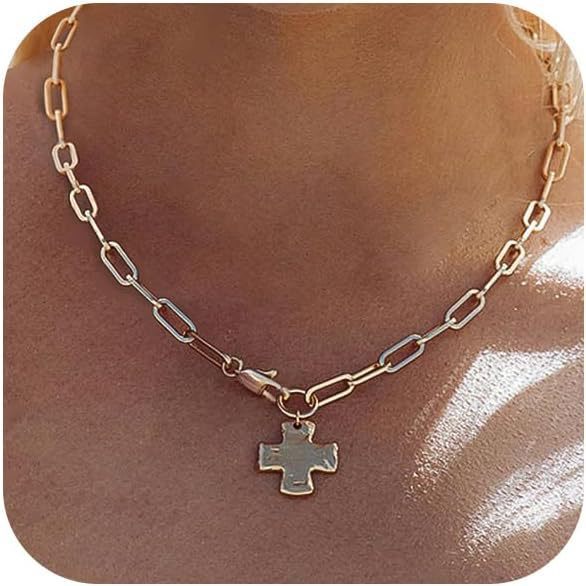 Hip-Hop Gold Cross Necklace For Women With Copper Pendant And Paperclip Chain