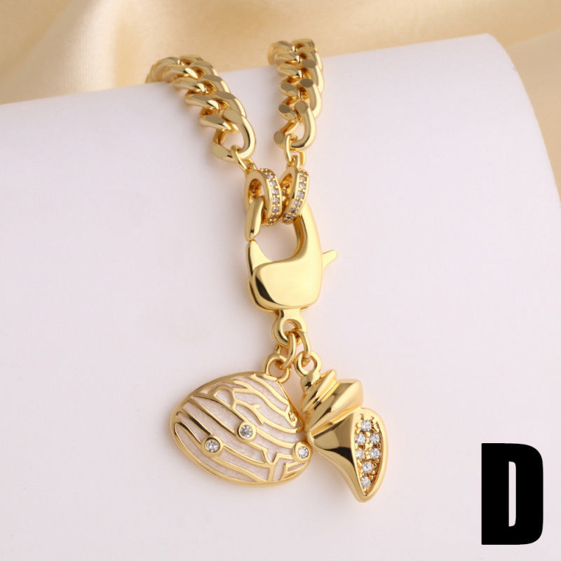 Ocean Marine Style Pendant Necklace With Shell Pendant And Copper Paperclip Chain, Unisex Design Featuring Zircon Inlay