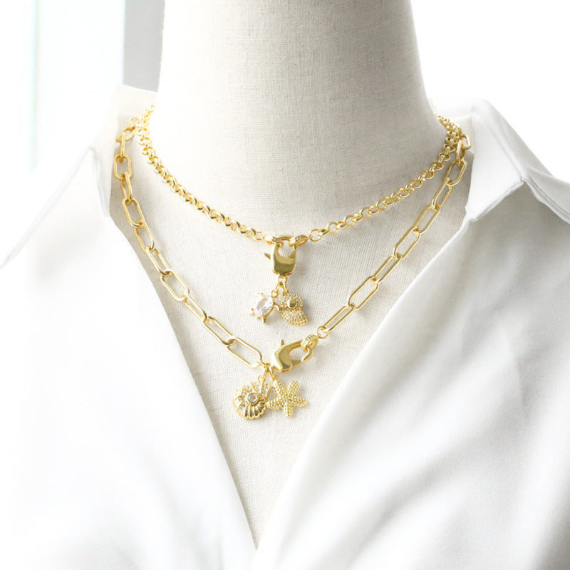 Ocean Marine Style Pendant Necklace With Shell Pendant And Copper Paperclip Chain, Unisex Design Featuring Zircon Inlay