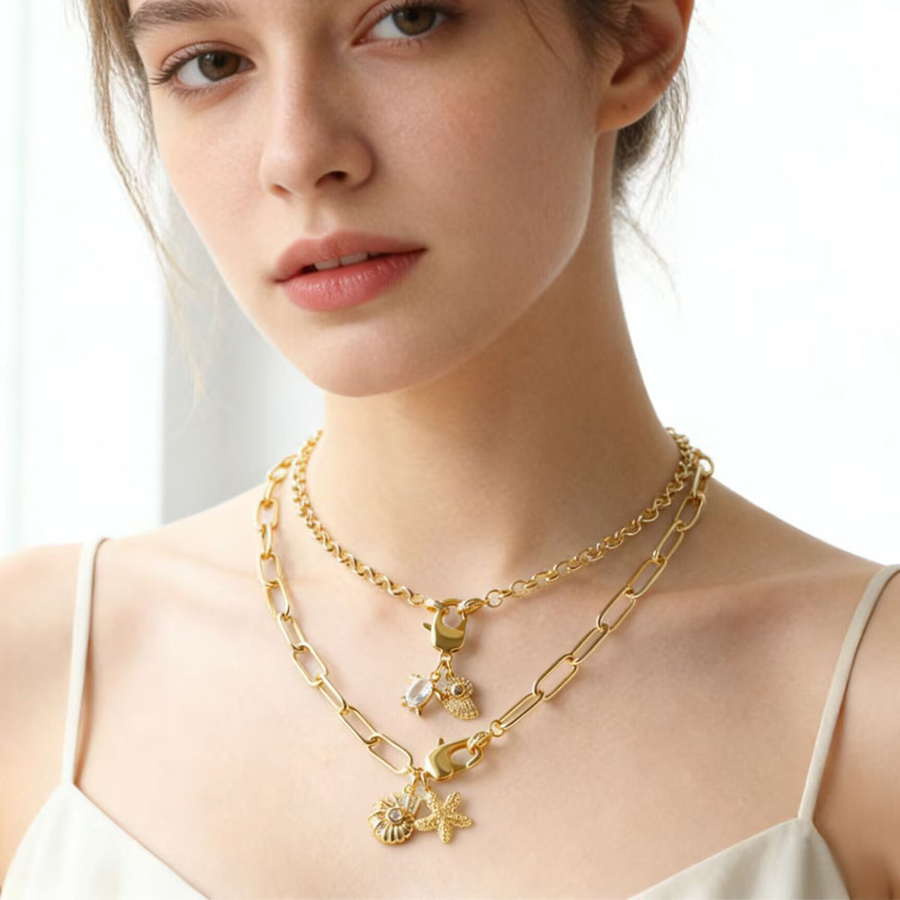 Ocean Marine Style Pendant Necklace With Shell Pendant And Copper Paperclip Chain, Unisex Design Featuring Zircon Inlay