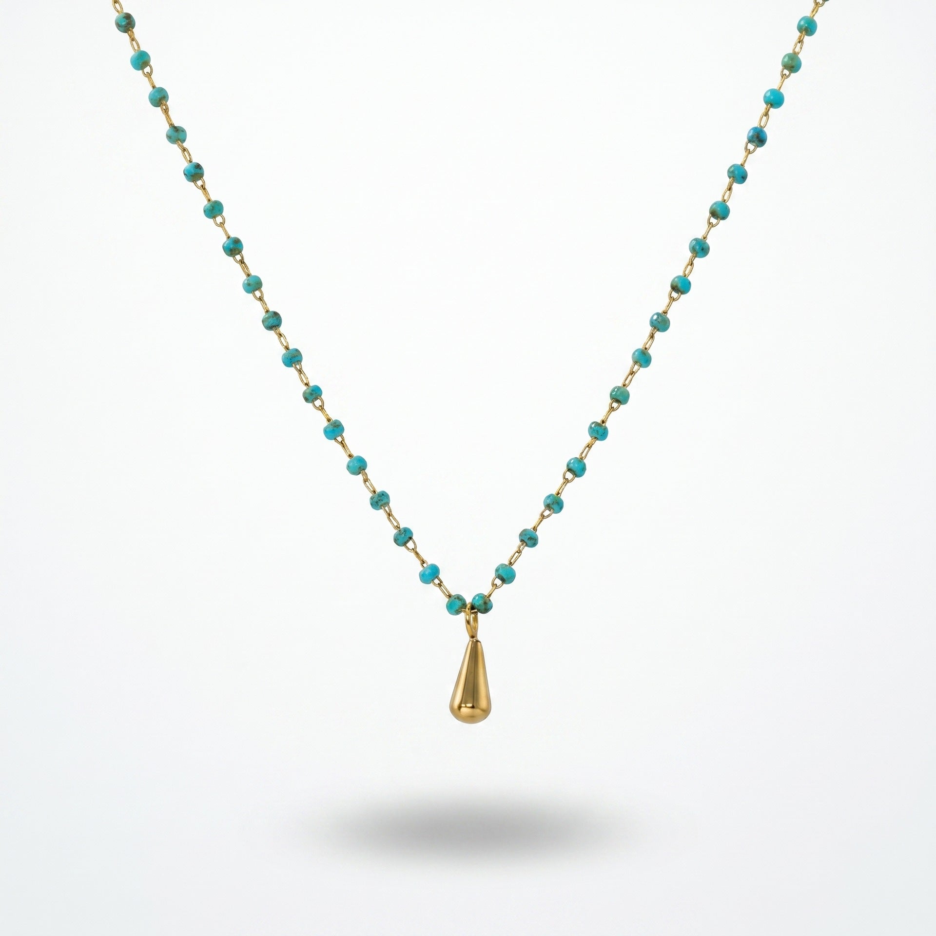 Ethnic Style Necklace For Women With Green Beaded Chain, 304 Stainless Steel And Turquoise Inlay Featuring Beading Craft