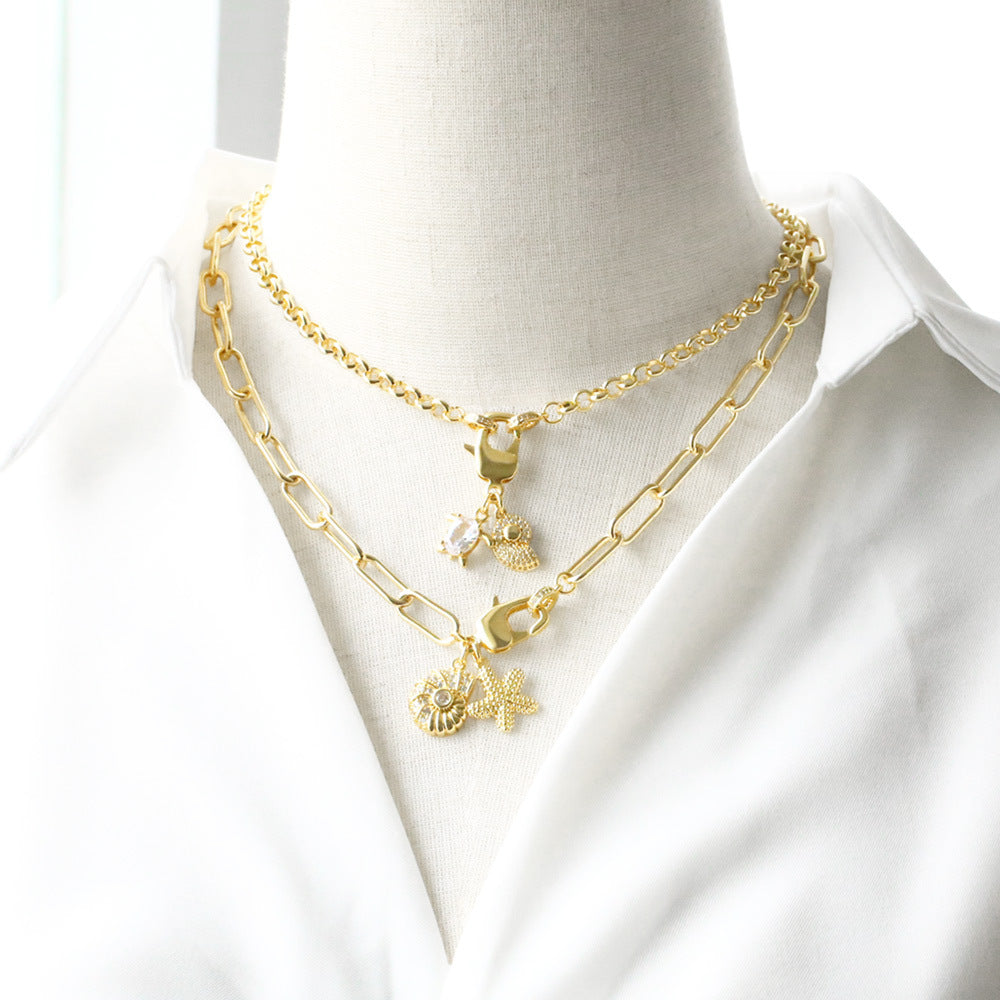 Ocean Marine Style Pendant Necklace With Shell Pendant And Copper Paperclip Chain, Unisex Design Featuring Zircon Inlay
