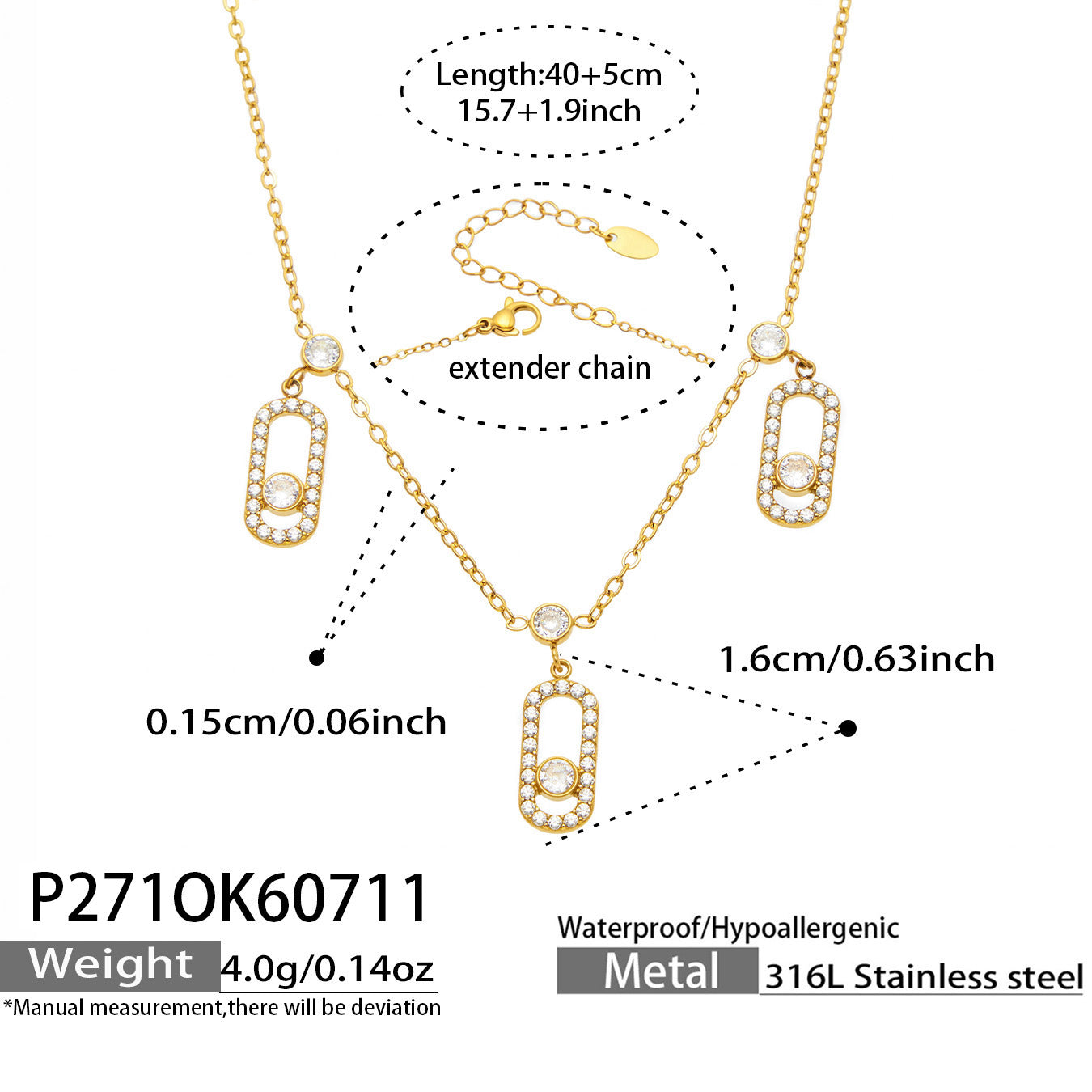 Geometric IG Style Necklace For Women In 316 Stainless Steel With 18K Gold Plated PVD Coating, Zircon Inlay, Waterproof