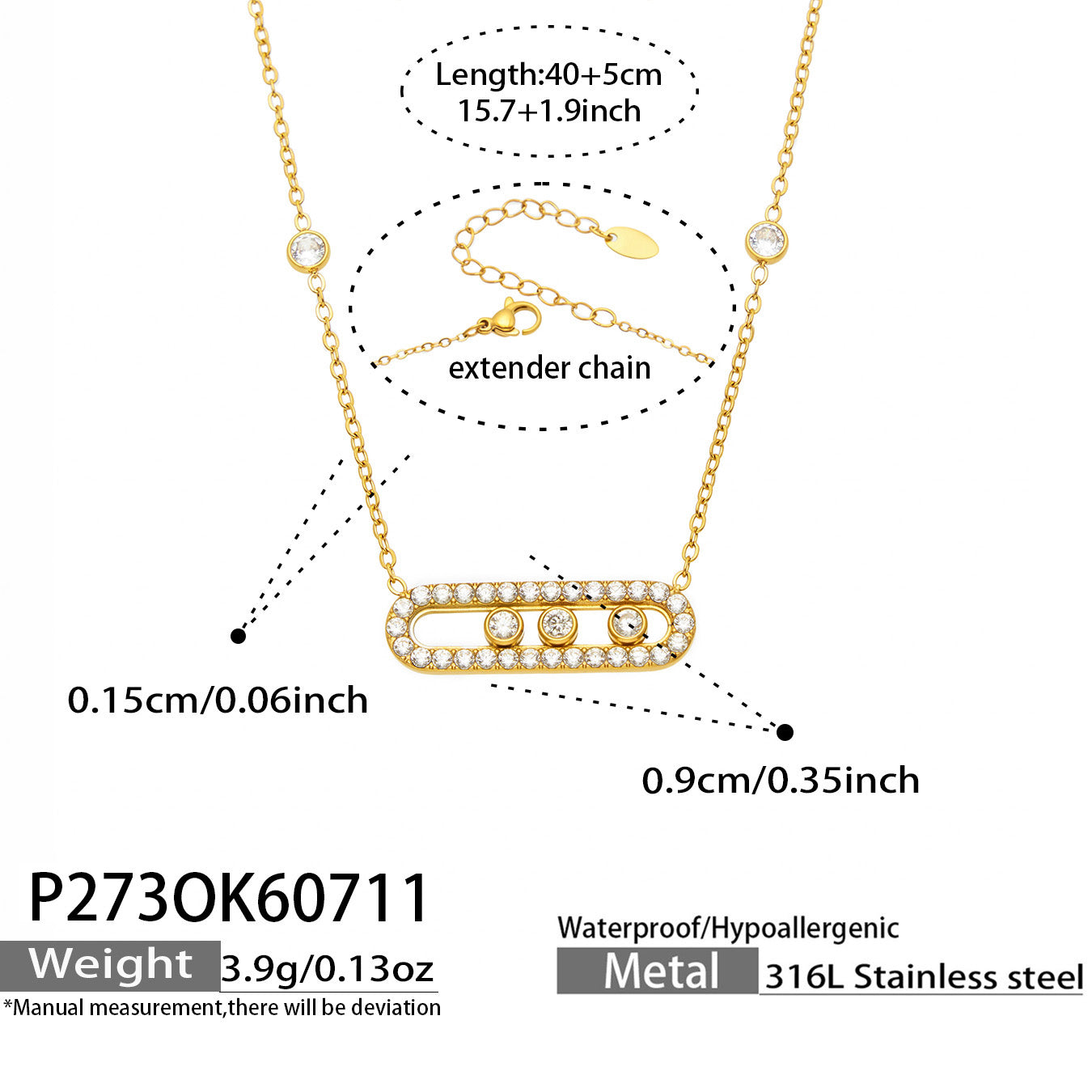 Geometric IG Style Necklace For Women In 316 Stainless Steel With 18K Gold Plated PVD Coating, Zircon Inlay, Waterproof