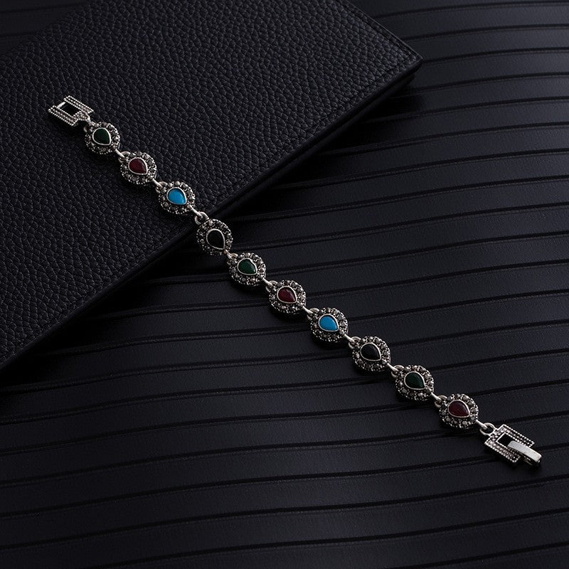 Ethnic Style Flowers Bangle Unisex Bracelet In May Birthstone Emerald With Turquoise Inlay, Electroplated Zinc Alloy
