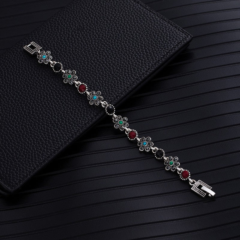 Ethnic Style Flowers Bangle Unisex Bracelet In May Birthstone Emerald With Turquoise Inlay, Electroplated Zinc Alloy