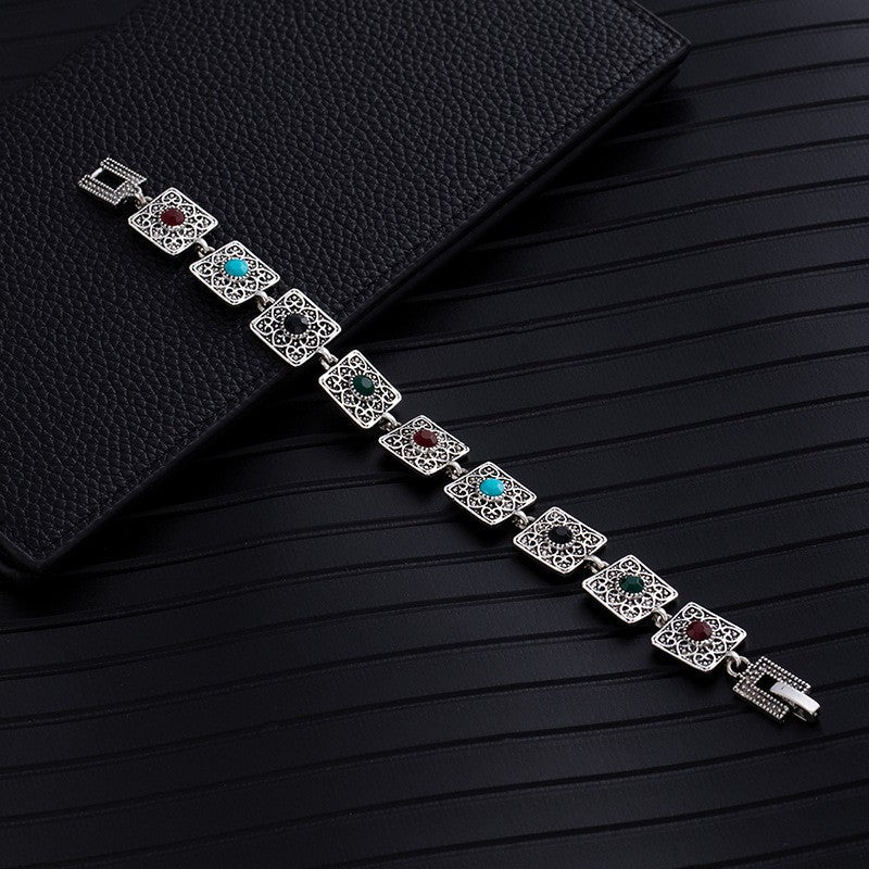 Ethnic Style Flowers Bangle Unisex Bracelet In May Birthstone Emerald With Turquoise Inlay, Electroplated Zinc Alloy