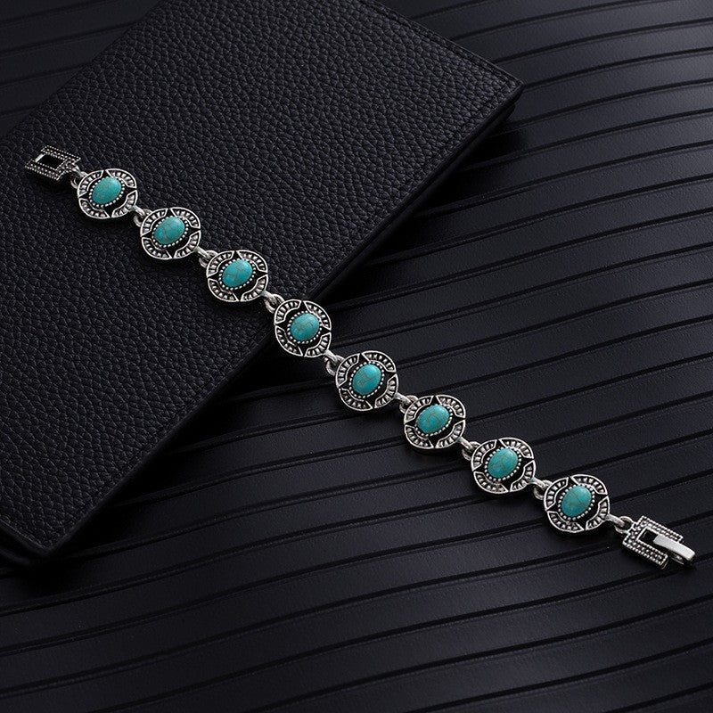 Ethnic Style Flowers Bangle Unisex Bracelet In May Birthstone Emerald With Turquoise Inlay, Electroplated Zinc Alloy
