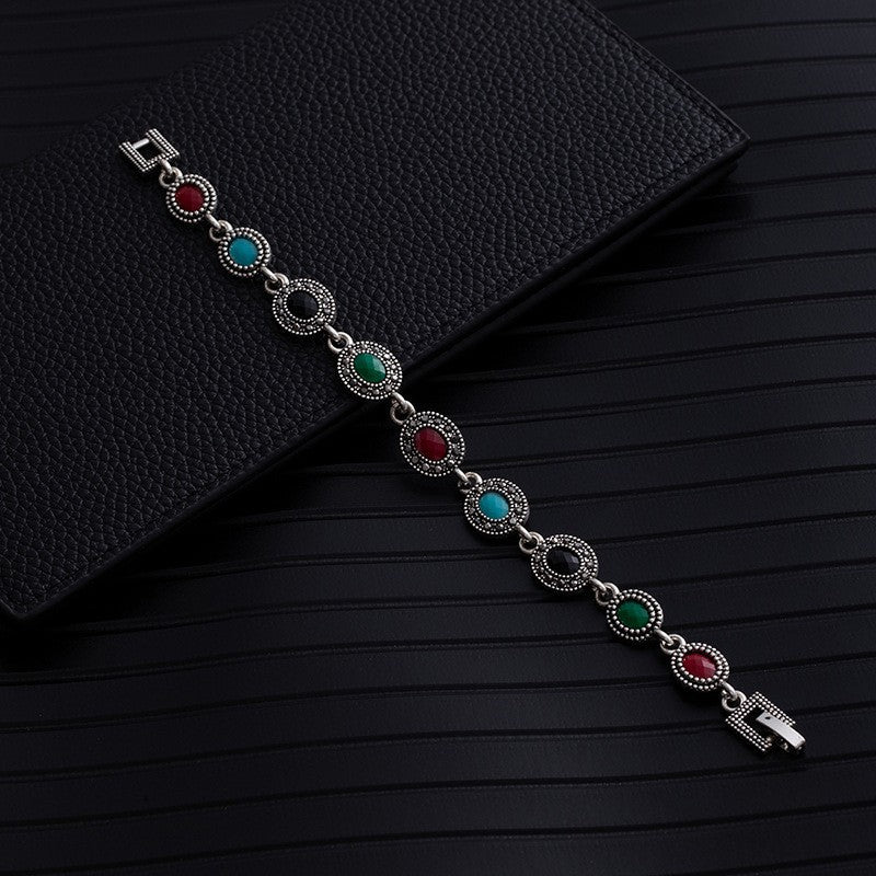 Ethnic Style Flowers Bangle Unisex Bracelet In May Birthstone Emerald With Turquoise Inlay, Electroplated Zinc Alloy