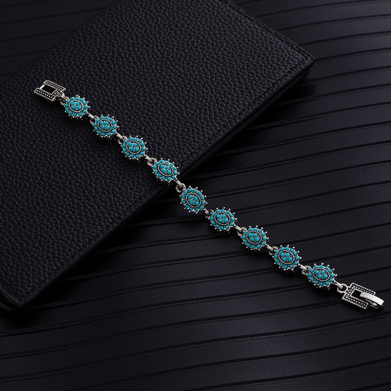 Ethnic Style Flowers Bangle Unisex Bracelet In May Birthstone Emerald With Turquoise Inlay, Electroplated Zinc Alloy