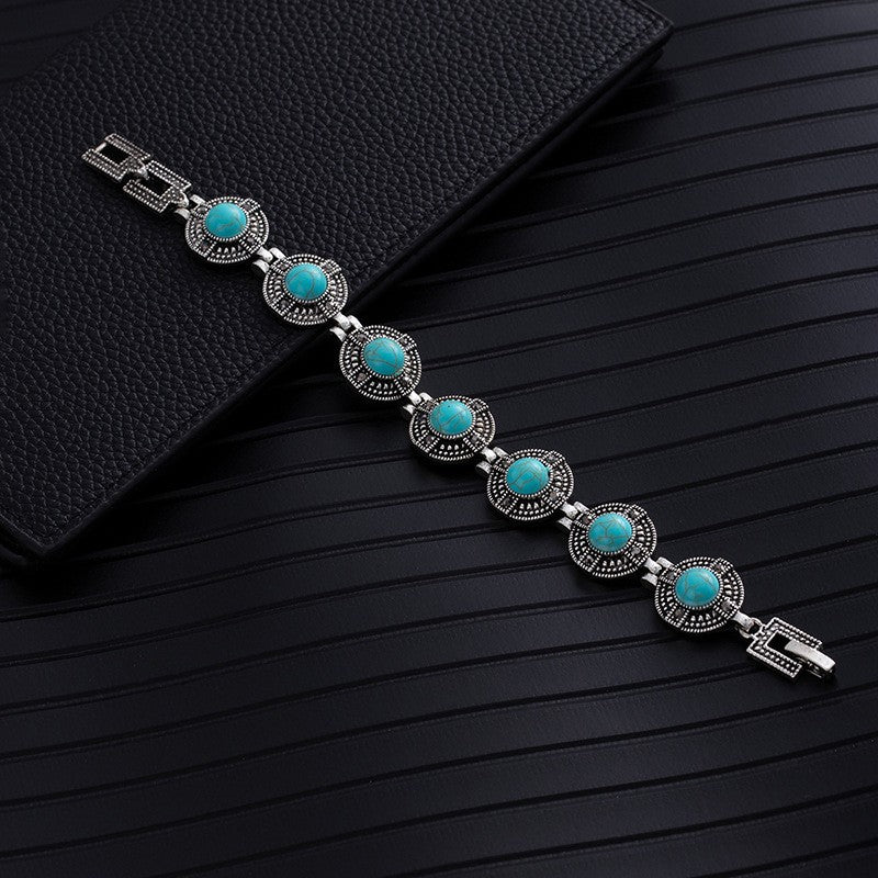 Ethnic Style Flowers Bangle Unisex Bracelet In May Birthstone Emerald With Turquoise Inlay, Electroplated Zinc Alloy