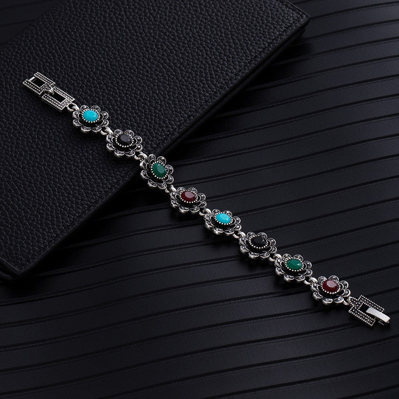 Ethnic Style Flowers Bangle Unisex Bracelet In May Birthstone Emerald With Turquoise Inlay, Electroplated Zinc Alloy