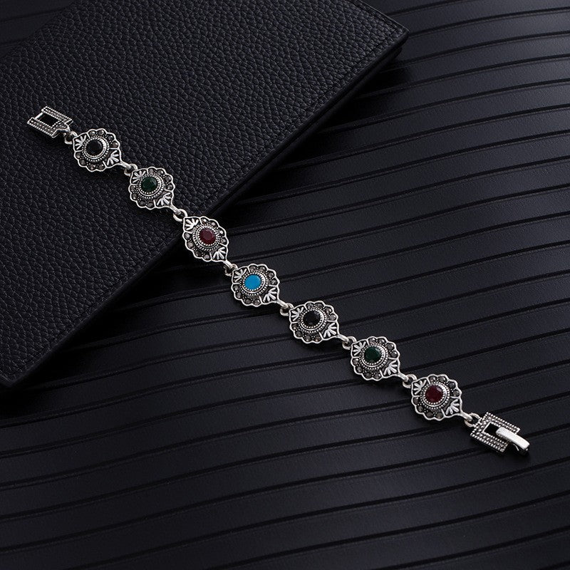 Ethnic Style Flowers Bangle Unisex Bracelet In May Birthstone Emerald With Turquoise Inlay, Electroplated Zinc Alloy