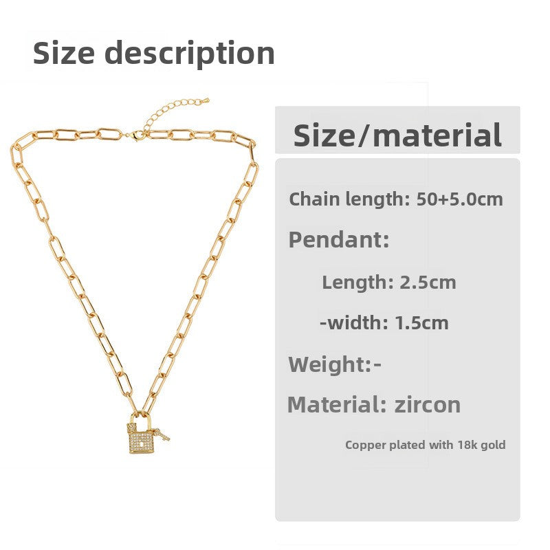 Lock Pendant Necklace In Copper With Real Gold Plated Finish And Zircon Inlay, Featuring A Paperclip Chain
