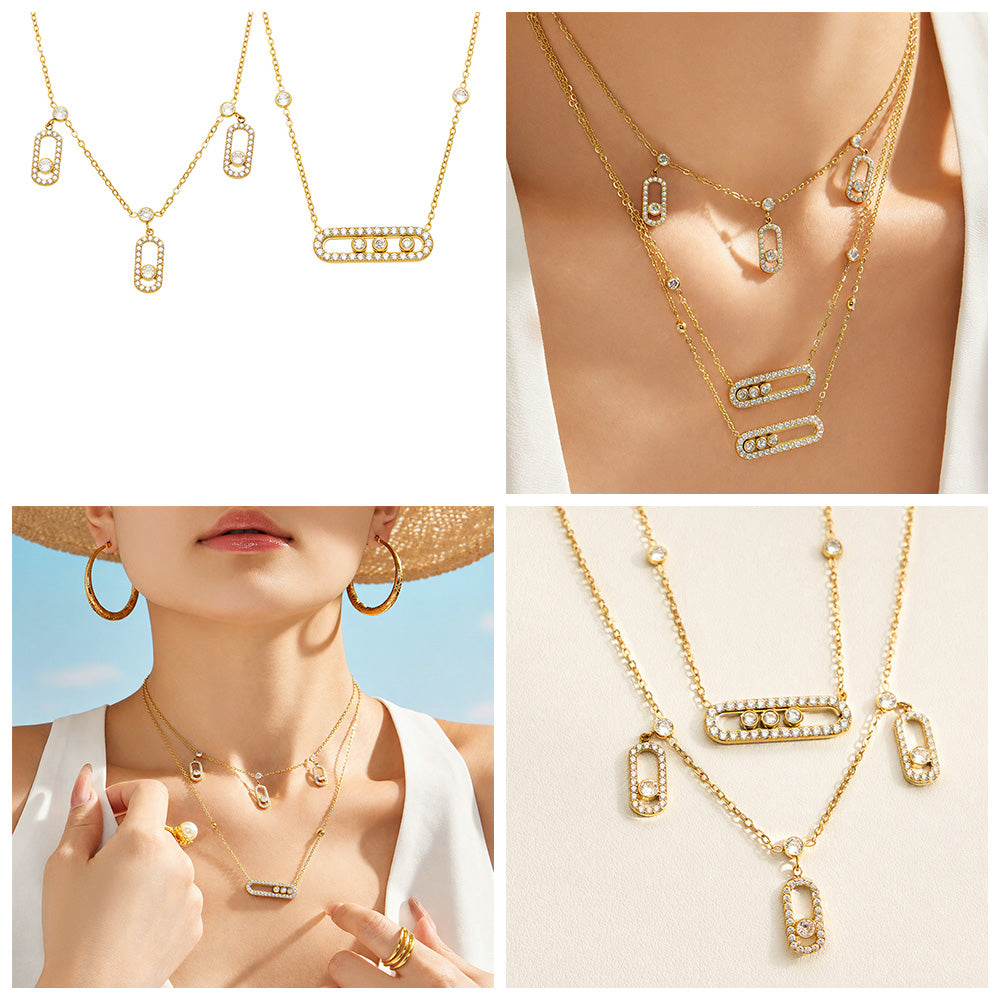 Geometric IG Style Necklace For Women In 316 Stainless Steel With 18K Gold Plated PVD Coating, Zircon Inlay, Waterproof