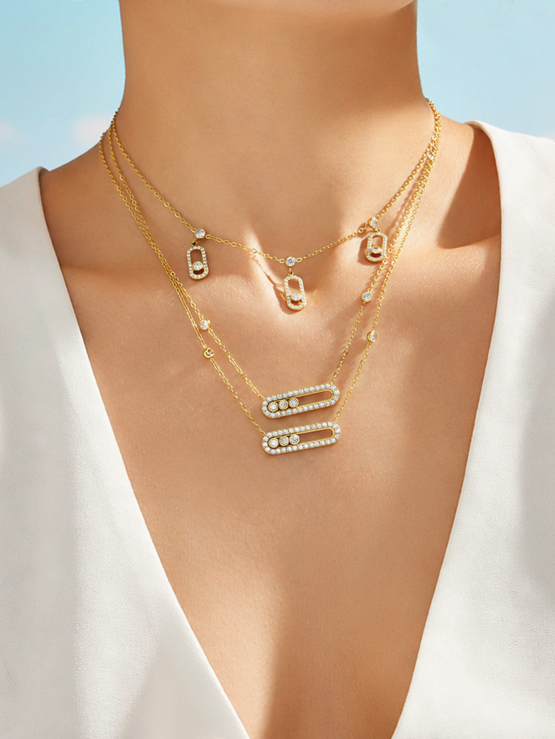 Geometric IG Style Necklace For Women In 316 Stainless Steel With 18K Gold Plated PVD Coating, Zircon Inlay, Waterproof