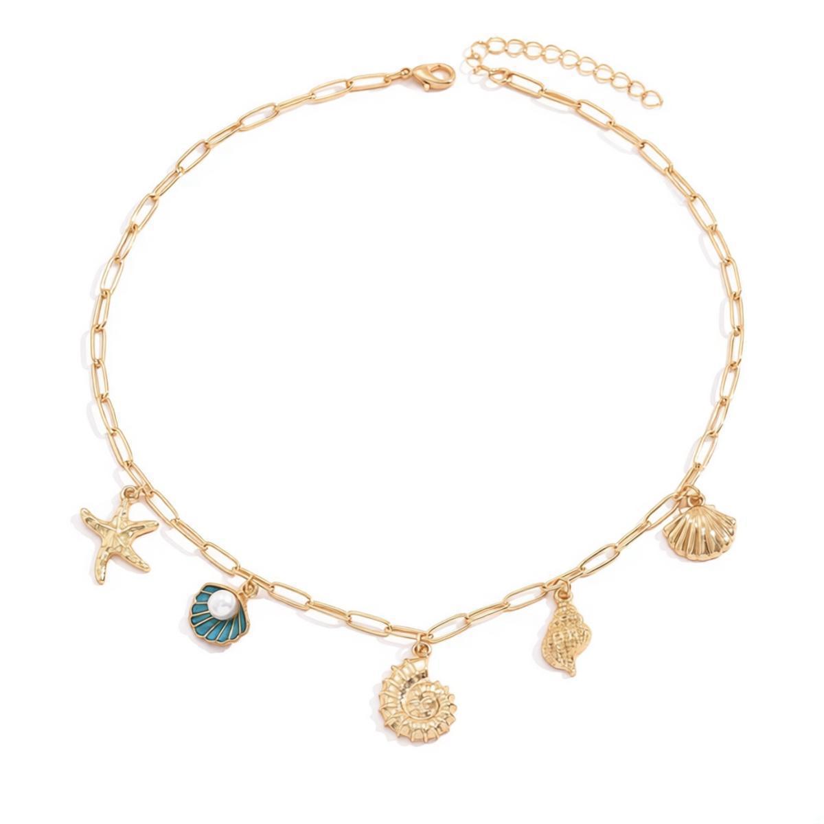 Marine Style Shell Pendant Necklace For Women With Electroplated Zinc Alloy Pendant And Paperclip Chain