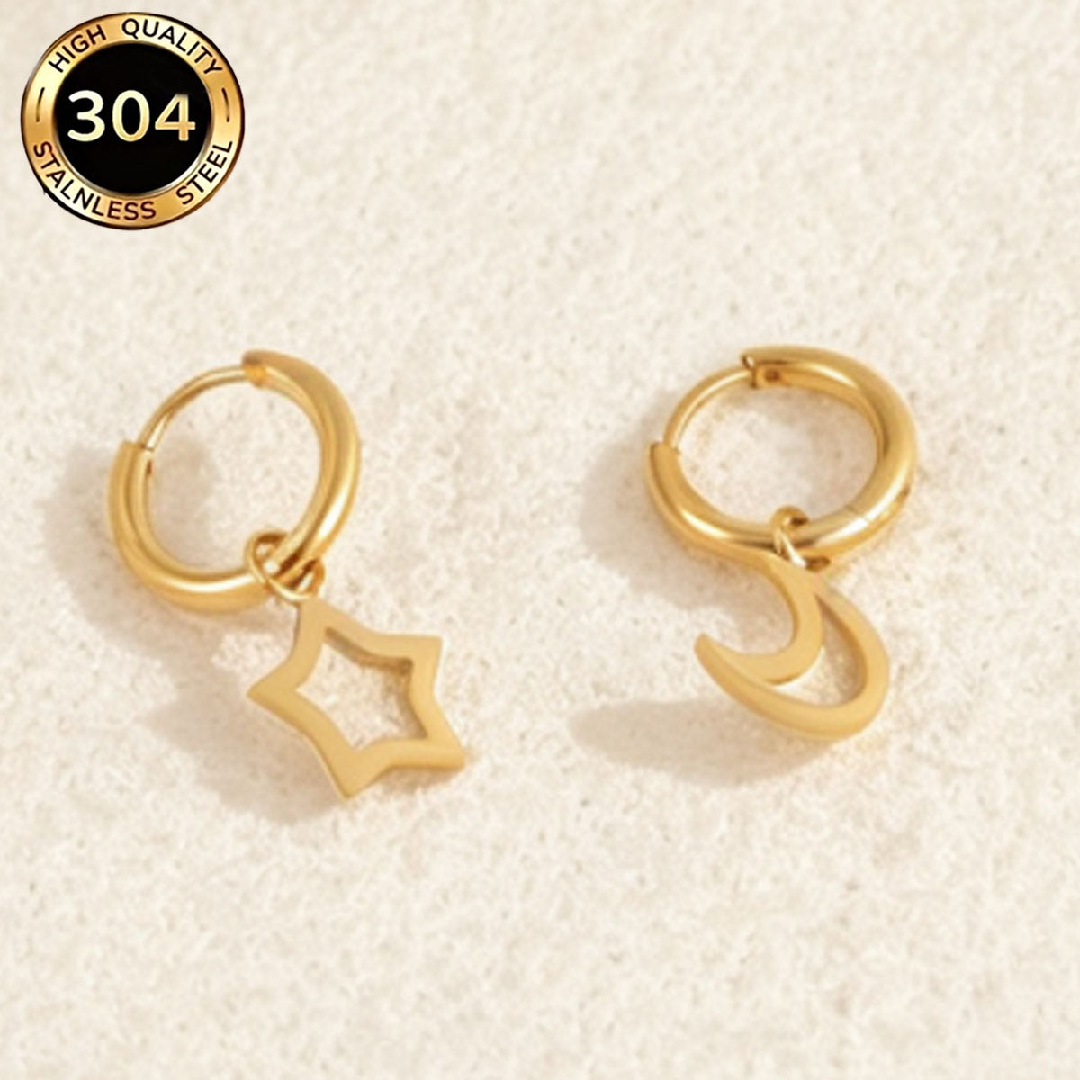 Hypoallergenic Star Earrings For Women In 304 Stainless Steel With 18K Real Gold PVD Coated Plating And 0.03µm Thickness