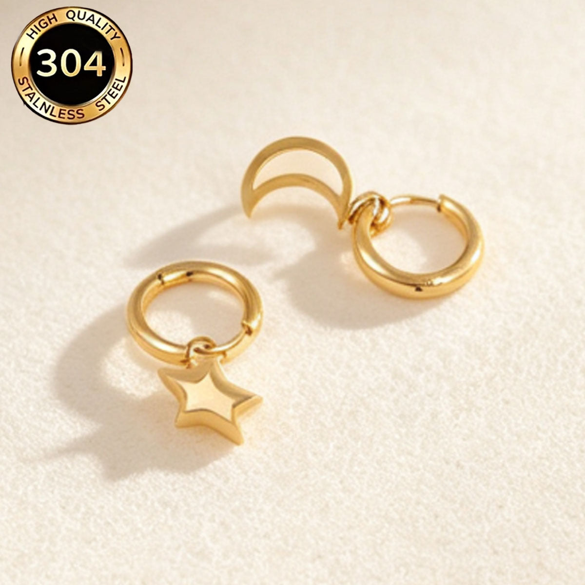 Hypoallergenic Star Earrings For Women In 304 Stainless Steel With 18K Real Gold PVD Coated Plating And 0.03µm Thickness
