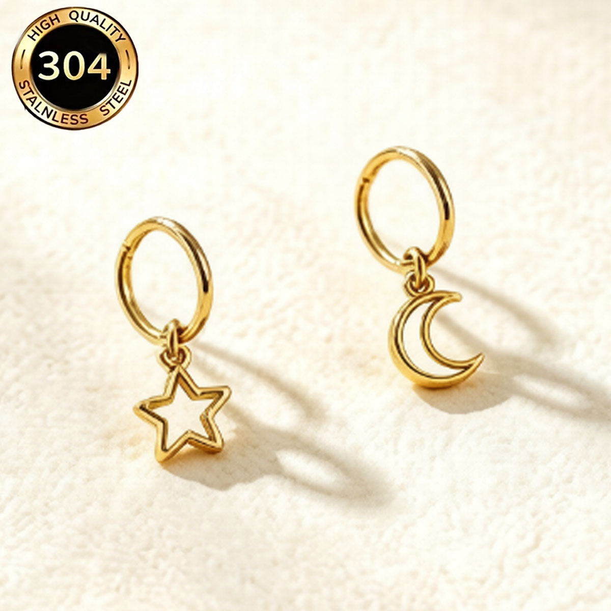 Hypoallergenic Star Earrings For Women In 304 Stainless Steel With 18K Real Gold PVD Coated Plating And 0.03µm Thickness