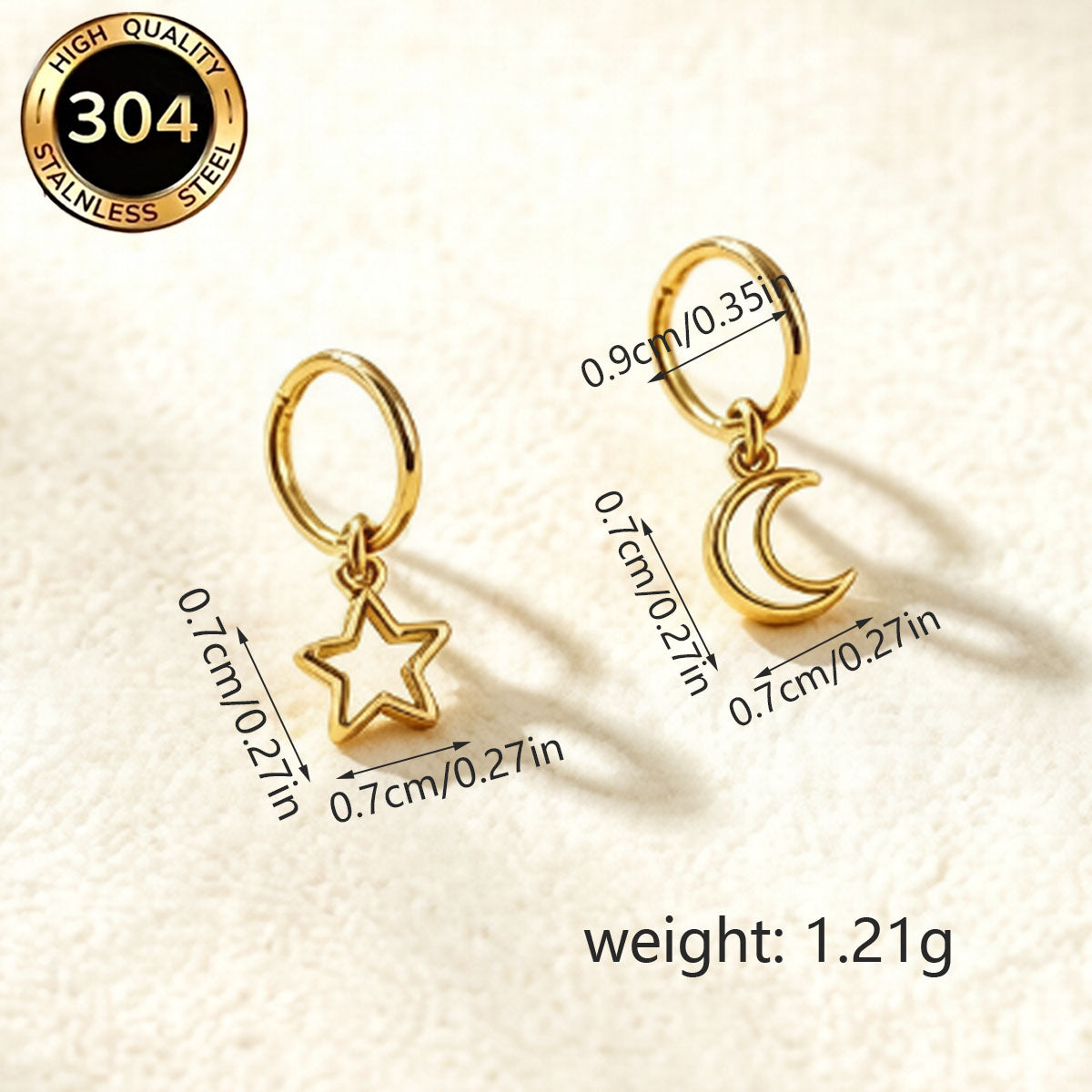 Hypoallergenic Star Earrings For Women In 304 Stainless Steel With 18K Real Gold PVD Coated Plating And 0.03µm Thickness