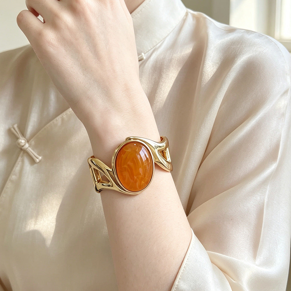 Oval Bangle For Women With Multicolor Synthetic And Artificial Gemstones, Electroplated Gold Plating