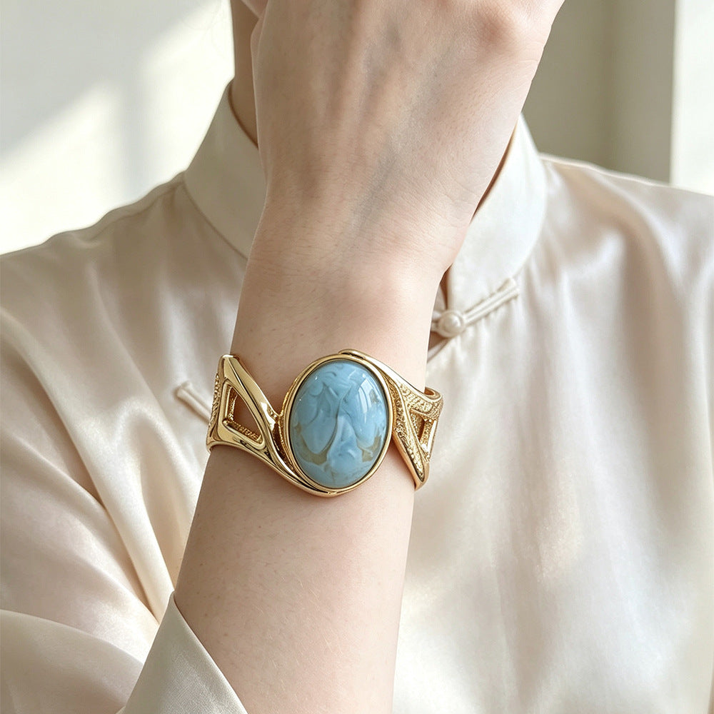 Oval Bangle For Women With Multicolor Synthetic And Artificial Gemstones, Electroplated Gold Plating