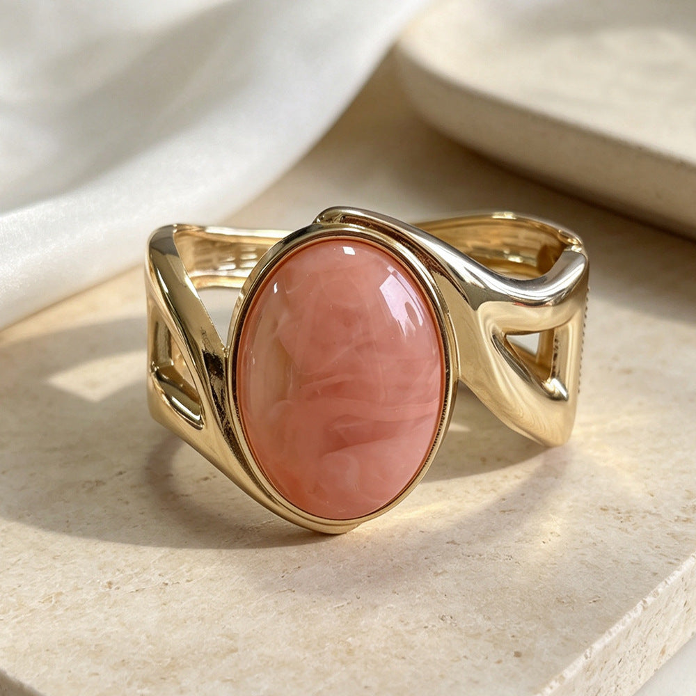 Oval Bangle For Women With Multicolor Synthetic And Artificial Gemstones, Electroplated Gold Plating