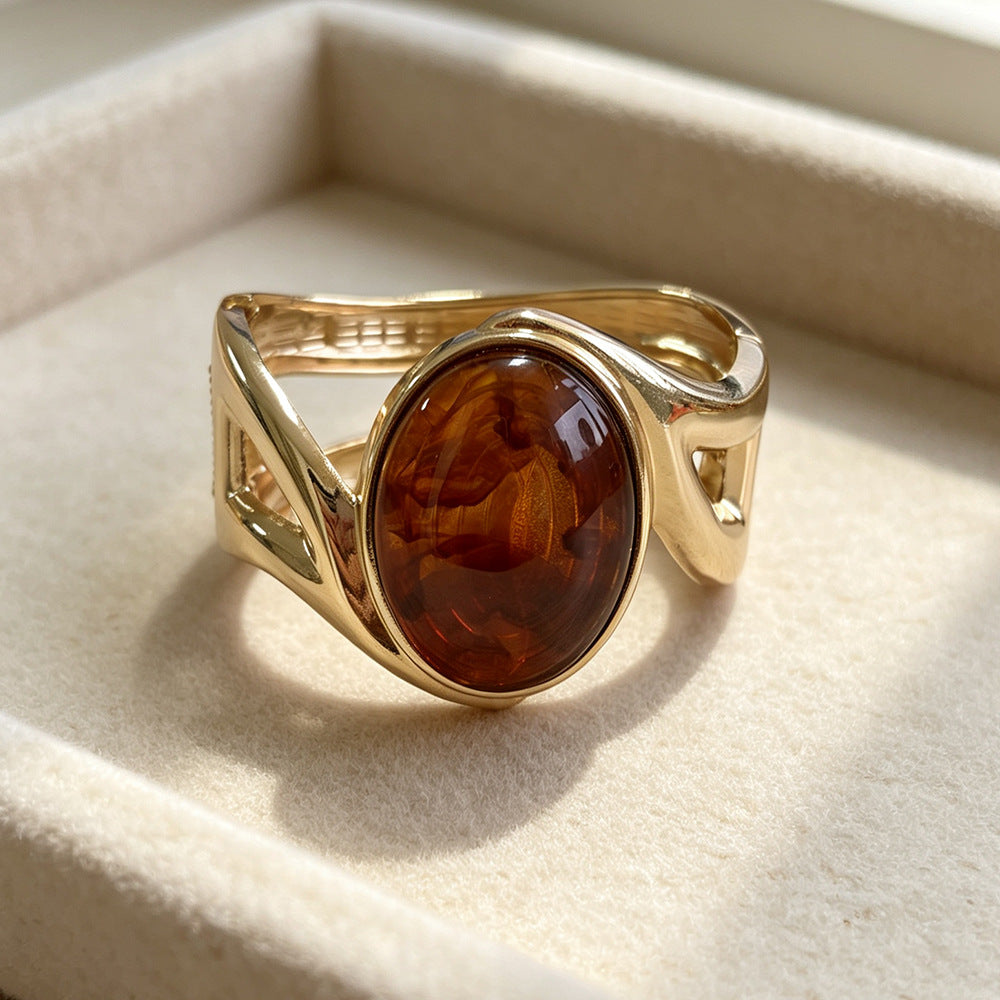 Oval Bangle For Women With Multicolor Synthetic And Artificial Gemstones, Electroplated Gold Plating