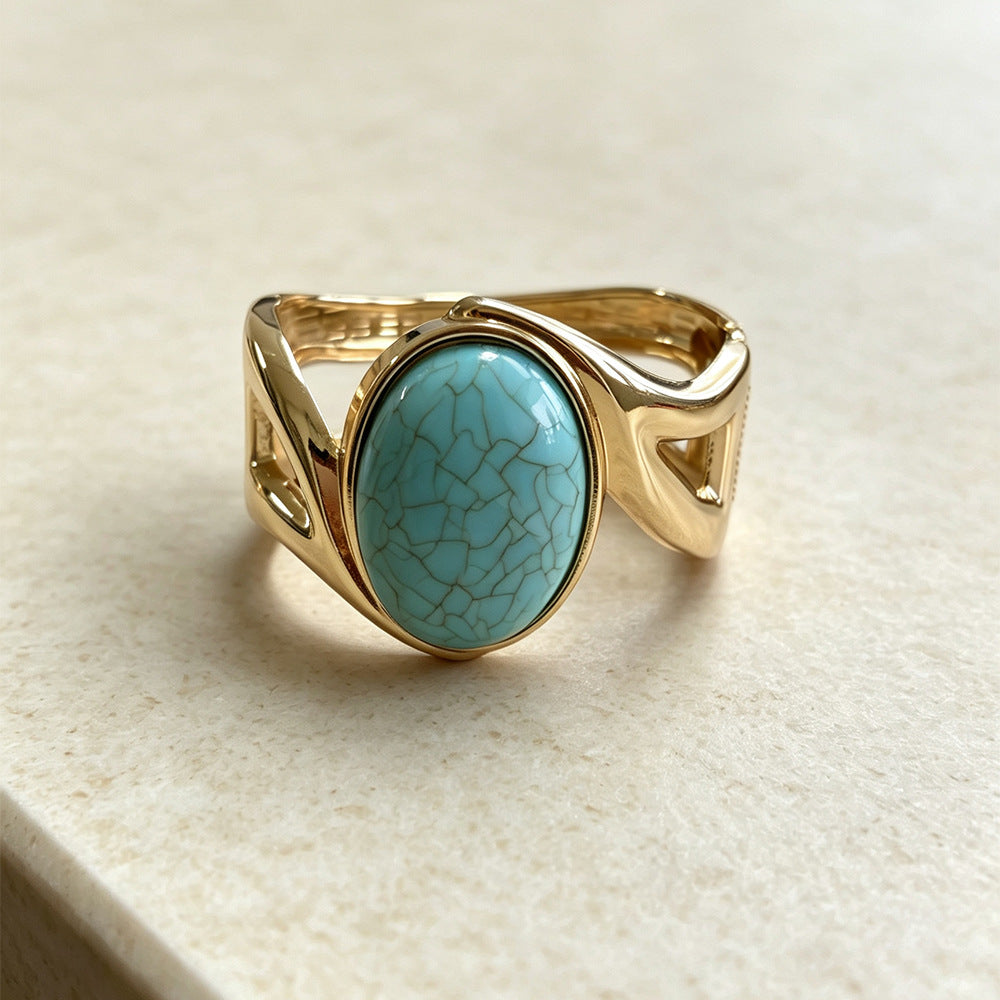 Oval Bangle For Women With Multicolor Synthetic And Artificial Gemstones, Electroplated Gold Plating