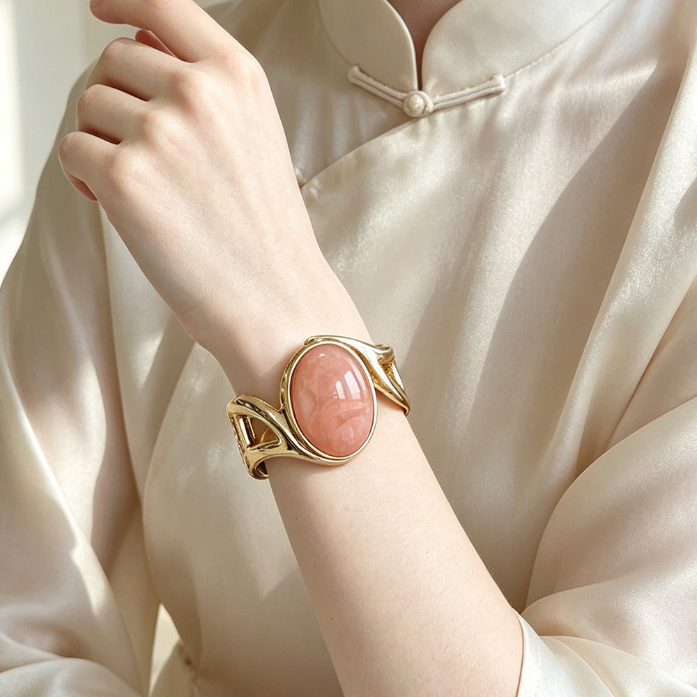 Oval Bangle For Women With Multicolor Synthetic And Artificial Gemstones, Electroplated Gold Plating