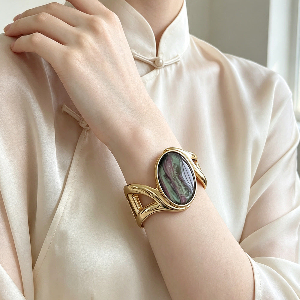 Oval Bangle For Women With Multicolor Synthetic And Artificial Gemstones, Electroplated Gold Plating