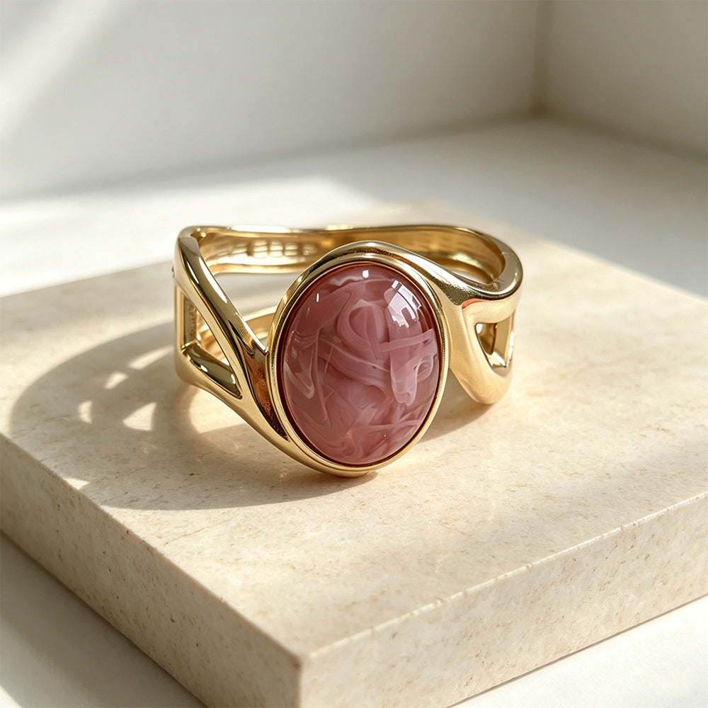 Oval Bangle For Women With Multicolor Synthetic And Artificial Gemstones, Electroplated Gold Plating