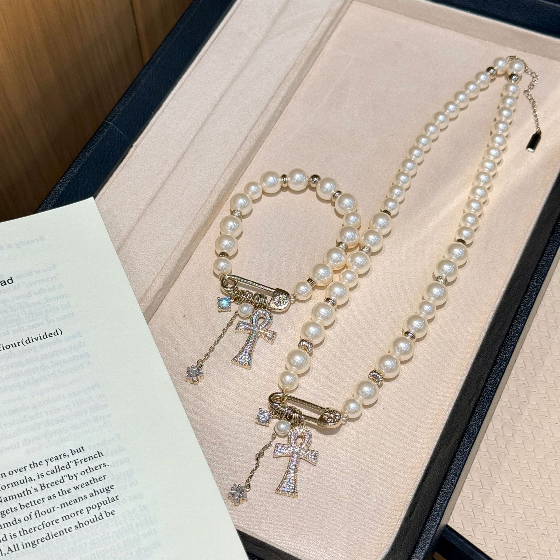 Electroplated Cross Necklace For Women With Imitation Pearl Pendant And Paperclip Chain In Copper