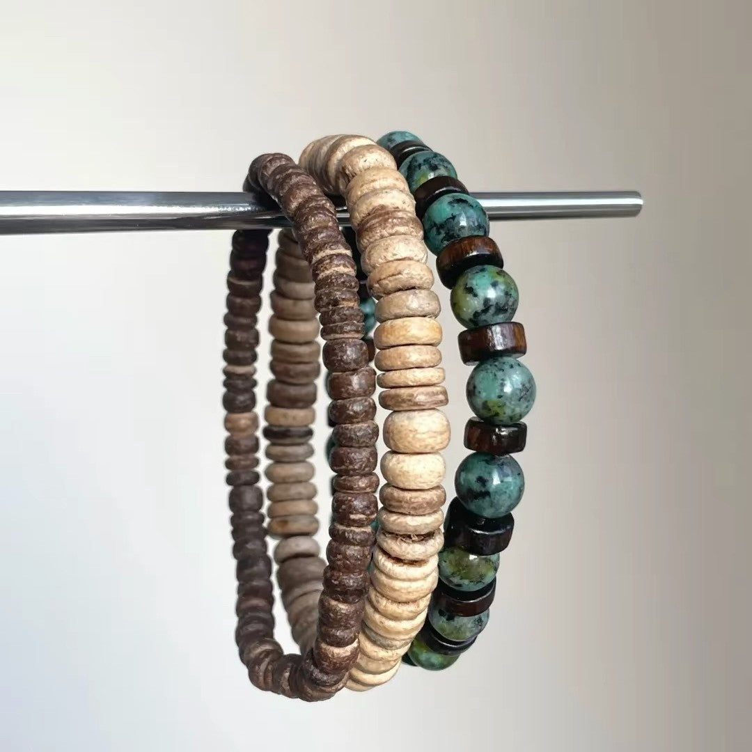 Ethnic Style Circle Beading Bracelet With Wooden Beads And Turquoise Inlay For Unisex