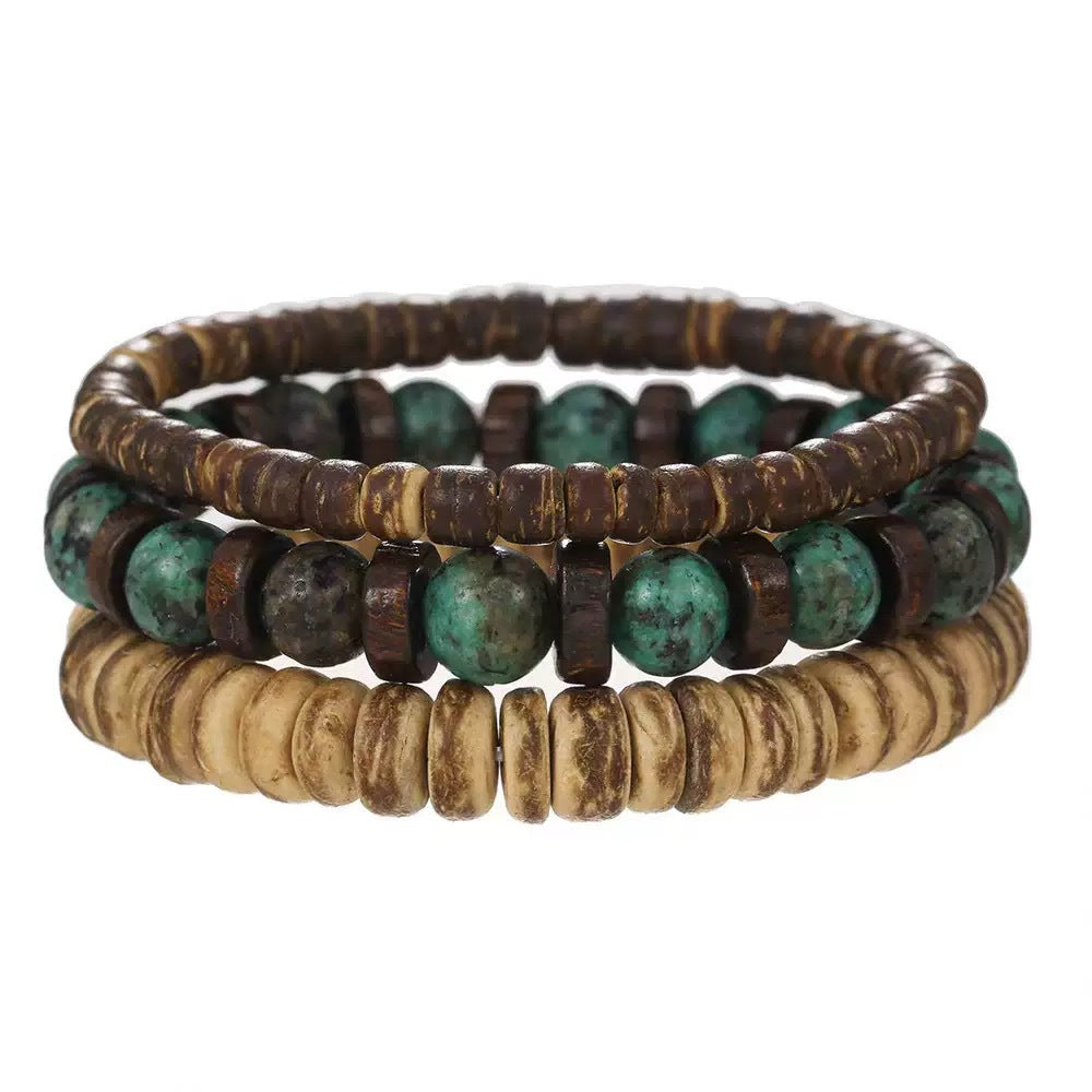 Ethnic Style Circle Beading Bracelet With Wooden Beads And Turquoise Inlay For Unisex